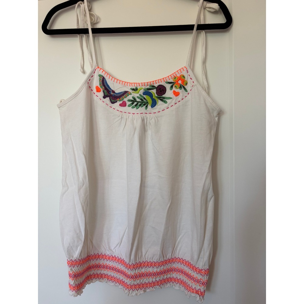 Boho Robin K White Cotton Embroidered Cami Top Neon Smocked Hem LAK 11129 Medium